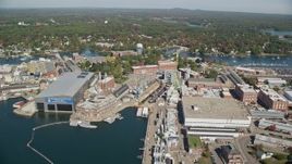 6K aerial stock footage approaching Portsmouth Naval Shipyard, autumn, Kittery, Maine Aerial Stock Footage | AX147_223E