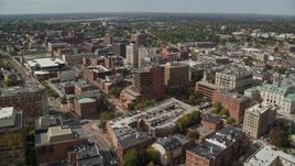 6K aerial stock footage flying over downtown, approach Cumberland County Civic Center, Portland, Maine Aerial Stock Footage | AX147_333