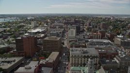 6K aerial stock footage flying over Congress Street, approach Portland City Hall, Portland, Maine Aerial Stock Footage | AX147_350E