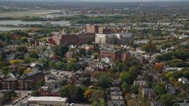 6K aerial stock footage approaching Maine Medical Center, autumn, Portland, Maine Aerial Stock Footage | AX147_352