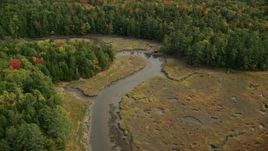 6K aerial stock footage flying by river through marshland, surrounded by forest, autumn, Woolwich, Maine Aerial Stock Footage | AX147_421