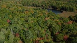 6k aerial stock footage flying over a colorful forest and Lower Pond, autumn, Damariscotta, Maine Aerial Stock Footage | AX148_019
