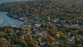 6k aerial stock footage orbiting small coastal town, Camden Harbor, autumn, Camden, Maine Aerial Stock Footage | AX148_114