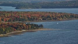 5.5K aerial stock footage of a forest with fall foliage along a cove, Trenton, Maine Aerial Stock Footage | AX149_006E