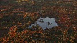 5.5K aerial stock footage flying by a pond surrounded by colorful forest in autumn, Liberty, Maine, sunset Aerial Stock Footage | AX149_190