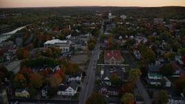 5.5K aerial stock footage approaching Memorial Circle, Maine State House, autumn, Augusta, Maine, twilight Aerial Stock Footage | AX149_224E
