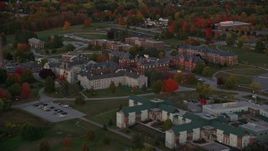 5.5K aerial stock footage flying by Maine government offices, autumn, Augusta, Maine, twilight Aerial Stock Footage | AX149_228E