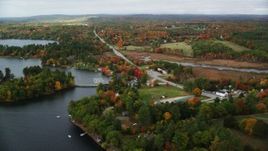 5.5K aerial stock footage flying by waterfront homes, Western Avenue, autumn, Winthrop, Maine Aerial Stock Footage | AX150_006