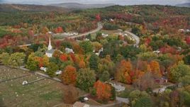 5.5K aerial stock footage orbiting church in small rural town, colorful foliage in autumn, Turner, Maine Aerial Stock Footage | AX150_047