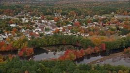 5.5K aerial stock footage orbit and approach small rural town near the Little Androscoggin River, autumn, Paris, Maine Aerial Stock Footage | AX150_089E