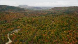 5.5K aerial stock footage flying by forest of brightly colored trees, distant hills, autumn, overcast, Waterford, Maine Aerial Stock Footage | AX150_115