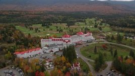5.5K aerial stock footage orbiting Omni Mount Washington Resort, Bretton Woods, autumn, Carroll, New Hampshire Aerial Stock Footage | AX150_206E