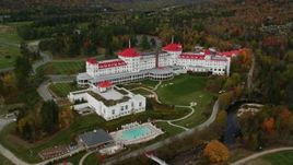 5.5K aerial stock footage orbiting Omni Mount Washington Resort, autumn, Bretton Woods, Carroll, New Hampshire Aerial Stock Footage | AX150_210