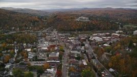 5.5K aerial stock footage flying by downtown buildings, colorful trees, autumn, Montpelier, Vermont Aerial Stock Footage | AX150_357E