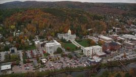 5.5K aerial stock footage flying by Montpelier High School, downtown, Vermont State House, autumn, Montpelier, Vermont Aerial Stock Footage | AX150_372E