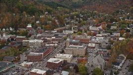 5.5K aerial stock footage flying by Montpelier City Hall, downtown buildings, autumn, Montpelier, Vermont Aerial Stock Footage | AX150_374
