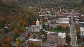 5.5K aerial stock footage flying by Vermont State House, green lawns, colorful foliage, autumn, Montpelier, Vermont Aerial Stock Footage | AX150_381E