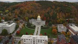 5.5K aerial stock footage approaching Vermont State House, buildings, foliage in autumn, Montpelier, Vermont Aerial Stock Footage | AX150_387E