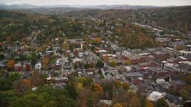 5.5K aerial stock footage approaching downtown churches and tilt down, autumn, Montpelier, Vermont Aerial Stock Footage | AX150_390