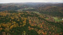 5.5K aerial stock footage flying over colorful forest, farmland, autumn, overcast, Randolph Center, Vermont Aerial Stock Footage | AX150_413E