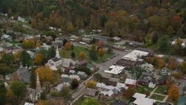5.5K aerial stock footage orbiting church, town square, small rural town in autumn, South Royalton, Vermont Aerial Stock Footage | AX150_446