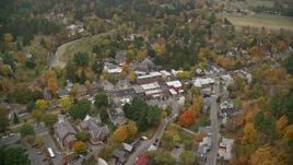 5.5K aerial stock footage flying by small rural town with s small bridge, river, autumn, Woodstock, Vermont Aerial Stock Footage | AX151_022
