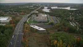 5.5K aerial stock footage flying over Interstate 95, overpass, autumn, Lexington, Massachusetts Aerial Stock Footage | AX152_172E