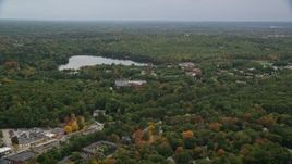 5.5K aerial stock footage  approaching Lake Waban, Green Hall, autumn, overcast, Wellesley College, Massachusetts Aerial Stock Footage | AX152_178