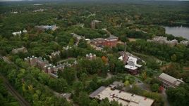 5.5K aerial stock footage orbiting Wang Campus Center, overcast, autumn, Wellesley College, Massachusetts Aerial Stock Footage | AX152_184E