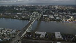 5.5K aerial stock footage approach and orbit top of Fremont Bridge revealing Downtown Portland, Oregon Aerial Stock Footage | AX153_041E