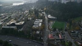 5.5K aerial stock footage flying over freeway through Downtown Portland, Oregon Aerial Stock Footage | AX153_049