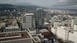 5.5K aerial stock footage flying over Fox Tower, tracking Park Avenue West Tower, autumn, Downtown Portland, Oregon Aerial Stock Footage | AX153_057