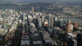 5.5K aerial stock footage orbiting skyscrapers in Downtown Portland, Oregon Aerial Stock Footage | AX153_073E