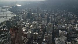 5.5K aerial stock footage bridges over the Willamette River and Skyscrapers in Downtown Portland, Oregon Aerial Stock Footage | AX153_077E