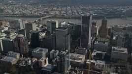 5.5K aerial stock footage on approach to skyscrapers and Hawthorne Bridge in Downtown Portland, Oregon Aerial Stock Footage | AX153_088E