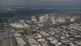 5.5K aerial stock footage of Oregon Convention Center and office buildings in Lloyd District of Portland, Oregon Aerial Stock Footage | AX153_091