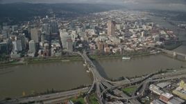 5.5K aerial stock footage of Downtown skyscrapers seen from the Morrison Bridge in Downtown Portland, Oregon Aerial Stock Footage | AX153_092
