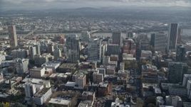 5.5K aerial stock footage flying by Park Avenue West and Fox Tower to approach Morrison Bridge in Downtown Portland, Oregon Aerial Stock Footage | AX153_097E