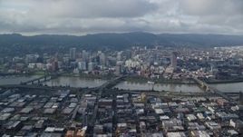 5.5K aerial stock footage of bridges spanning Willamette River and skyscrapers in Downtown Portland, Oregon Aerial Stock Footage | AX153_127E