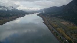 5.5K aerial stock footage following the Columbia River Gorge on the Multnomah County, Oregon side of the river Aerial Stock Footage | AX154_022E
