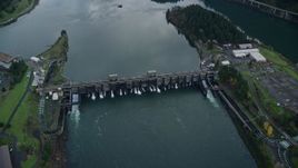 5.5K aerial stock footage approaching the Bonneville Dam in Columbia River Gorge Aerial Stock Footage | AX154_039E
