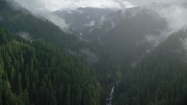 5.5K aerial stock footage flying through Eagle Creek Trail canyon with misty clouds, Cascade Range, Hood River County, Oregon Aerial Stock Footage | AX154_049