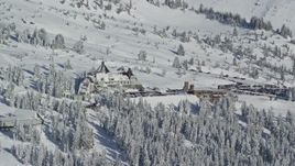 5.5K aerial stock footage orbiting Timberline Lodge at Mount Hood, Cascade Range, Oregon Aerial Stock Footage | AX154_087E