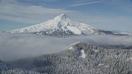 5.5K aerial stock footage of low clouds and snowy forest at the base of Mount Hood, Cascade Range, Oregon Aerial Stock Footage | AX154_111E