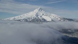 5.5K aerial stock footage tilting from forest to reveal clouds and Mount Hood, Cascade Range, Oregon Aerial Stock Footage | AX154_115E