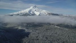 5.5K aerial stock footage of snowy mountain peak with low clouds over forest, Mount Hood, Cascade Range, Oregon Aerial Stock Footage | AX154_118