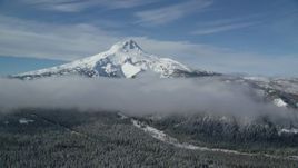 5.5K aerial stock footage of low clouds over forest at the base of snow-capped Mount Hood, Cascade Range, Oregon Aerial Stock Footage | AX154_120