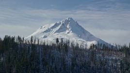 5.5K aerial stock footage of mist rising from forest on ridge with snowy summit in background, Mount Hood, Cascade Range, Oregon Aerial Stock Footage | AX154_125E