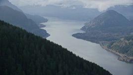 5.5K aerial stock footage flying by evergreen forest on mountain to reveal the Columbia River Gorge, Hood River County, Oregon Aerial Stock Footage | AX154_153E
