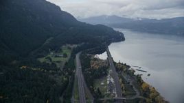 5.5K aerial stock footage flying over light traffic on Interstate 84 in Columbia River Gorge Aerial Stock Footage | AX154_161E